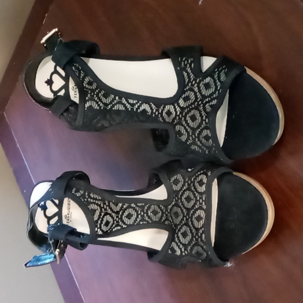 Fergalicious Black Fabric Mesh Top Cork Wedges Size 9.5M